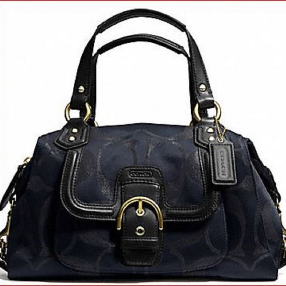 COACH Campbell Signature Metallic Blue Sateen & Leather Satchel